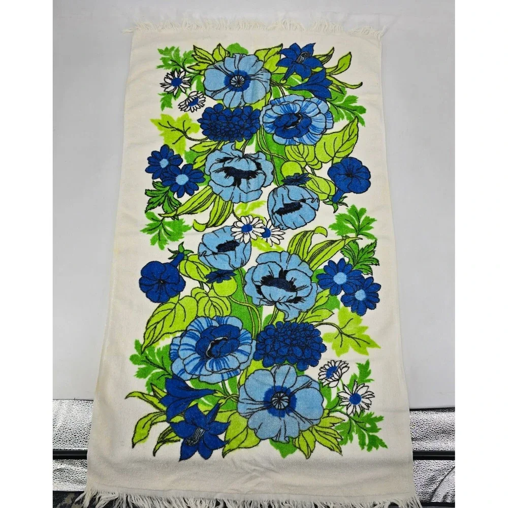 Vintage Cannon Floral Bath Towel Washcloth Set Blue Green Mod 60s 70s USA
